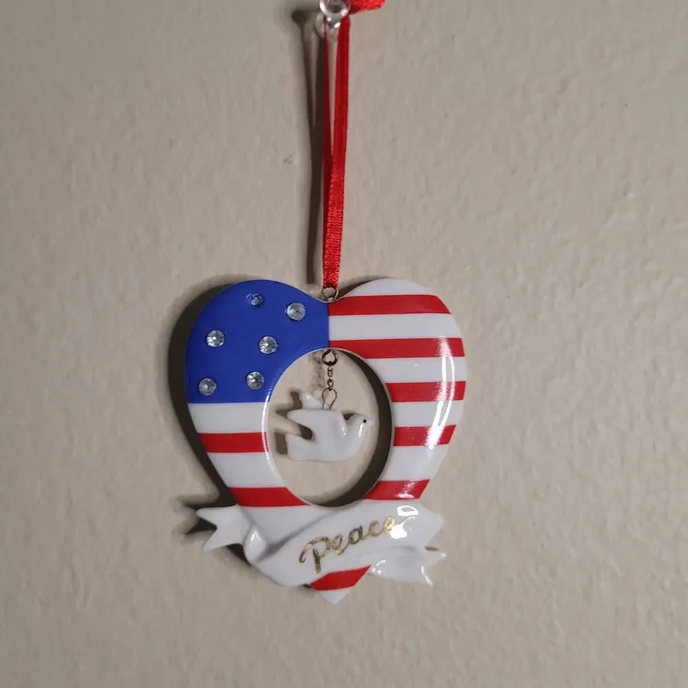 Heart Shaped American Flag Christmas Ornament with Dove